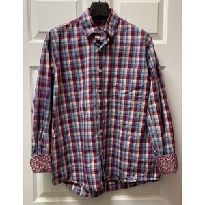 Alan Flusser Shirt Men's Large Red Yellow Blue Plaid‎ Flip Cuff Long Sleeve